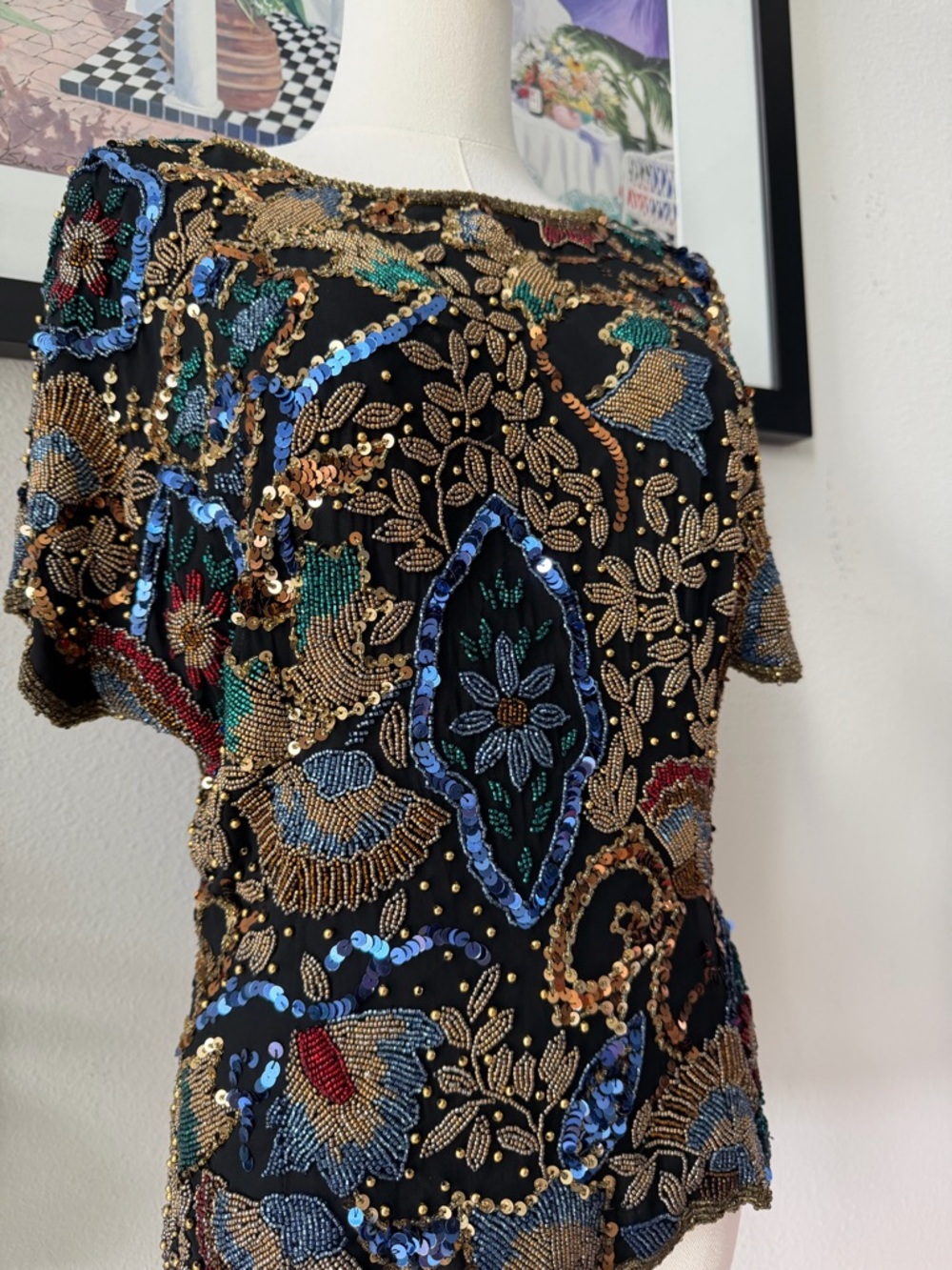 INCREDIBLE Vintage 80s Black Tie 100% Silk Fully Beaded Statement Top Sz Medium